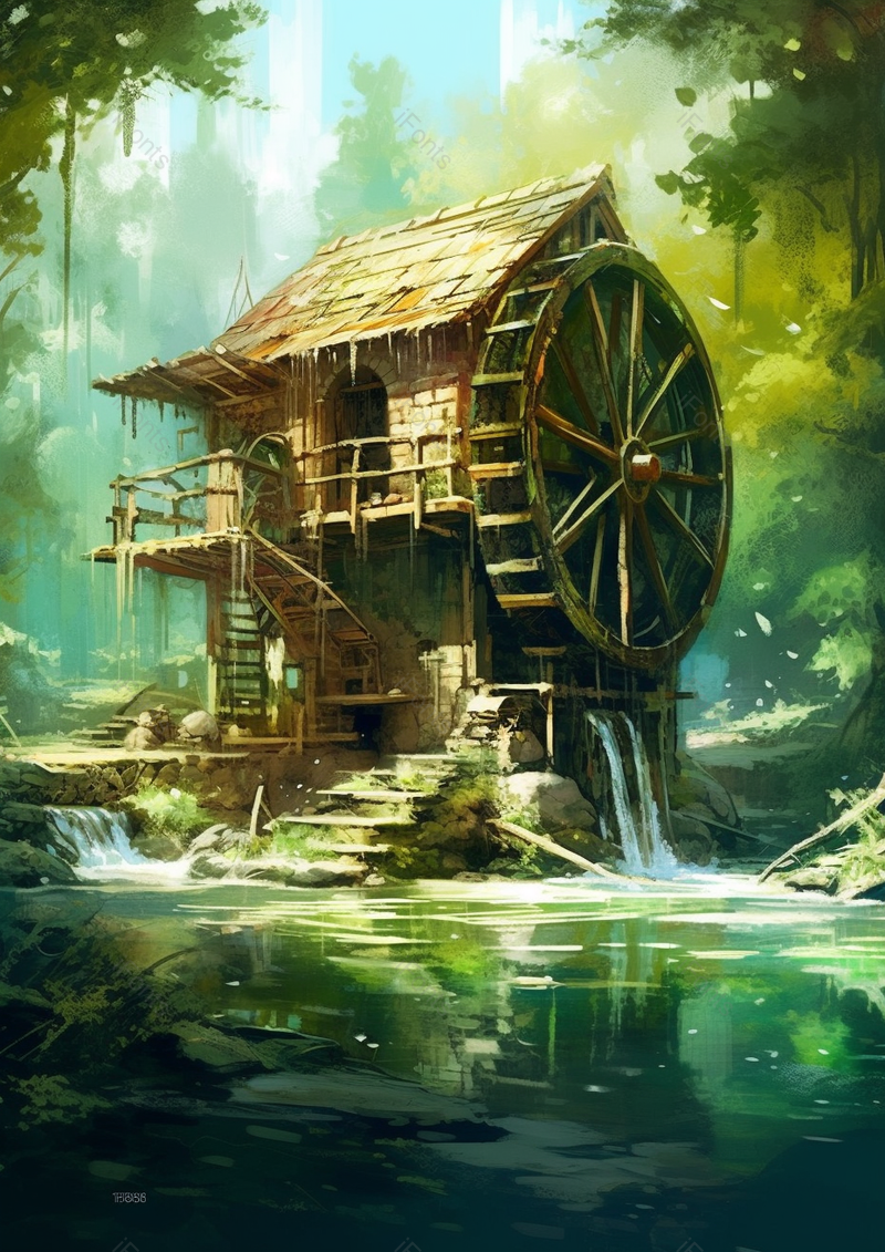 二层木屋水车林间小溪水流二十四节气小满绿色竖版插画,插画/手绘图,插画/手绘图库,插画/手绘图下载,插画/手绘